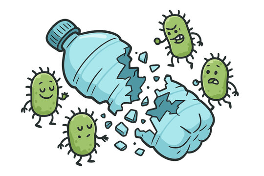This cartoon illustration depicts green bacteria characters breaking apart a blue plastic water bottle, symbolizing the process of biodegradation and plastic waste reduction.
