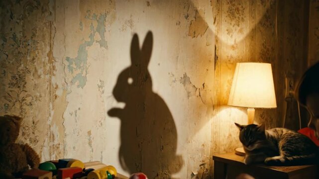 Young child creating a rabbit shadow puppet with a hand on a dilapidated wall, using a bedside lamp for illumination, symbolizing innocence, imagination, and childhood play