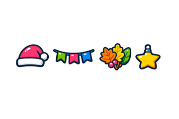 A collection of four colorful holiday icons including a red Santa hat, a festive bunting banner, autumn leaves with berries, and a yellow star ornament on a black background.