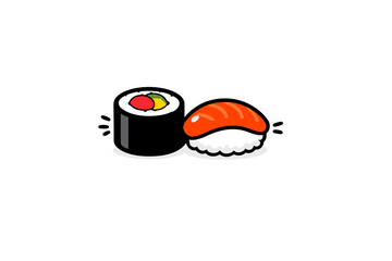 A cartoon illustration of two pieces of sushi, including a maki roll and a salmon nigiri, set against a solid black background. The artwork features vibrant colors and clean lines. © Andrei