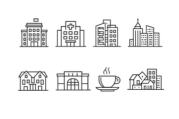 Fototapeta premium A collection of eight white line icons representing various urban buildings and a coffee cup, set against a solid black background for a minimalist architectural design aesthetic.