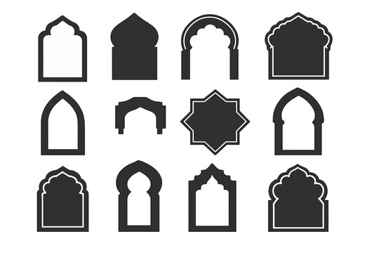 A collection of twelve black and white silhouettes featuring various Islamic architectural arch shapes and frames, including pointed, multifoil, and ogee designs on a dark background.