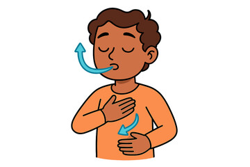 Obraz premium This cartoon illustration shows a young boy practicing mindful breathing. He places his hands on his chest and belly while exhaling, with blue arrows indicating the flow of air.