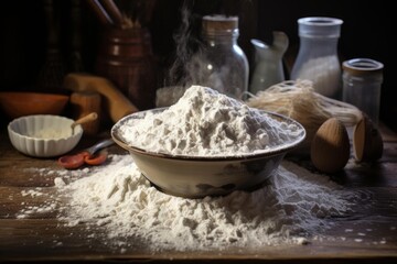 Fototapeta premium Flour and baking essentials arranged on a wooden kitchen table