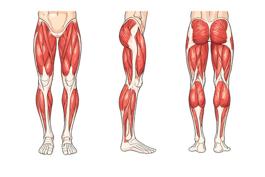 Medical illustration showing the human leg muscles from three different angles: front, side, and back. The diagram highlights the quadriceps, hamstrings, calves, and gluteal muscles.