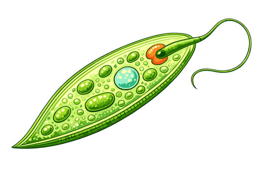 This digital illustration depicts a green Euglena microorganism with its flagellum, nucleus, and chloroplasts visible. The single-celled organism is set against a black background.