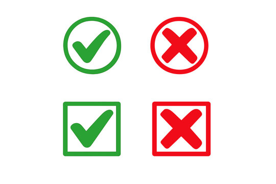 Four icons showing green check marks and red cross marks enclosed in circular and square frames on a black background. These symbols indicate correct and incorrect choices.