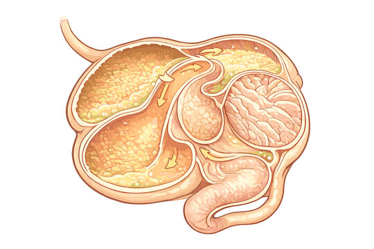 This scientific diagram displays the complex internal structure of a multi-chambered digestive system, highlighting the rumen, reticulum, omasum, and abomasum with arrows.