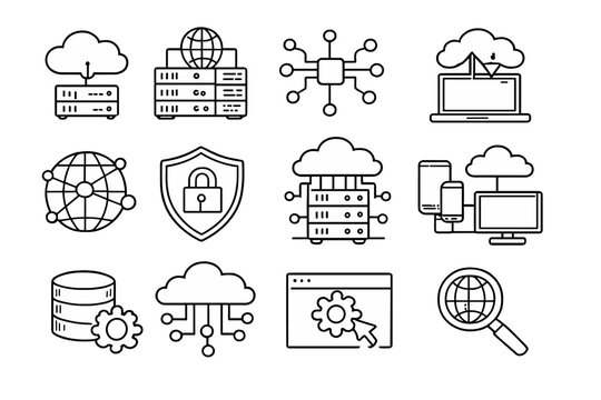 This set of twelve white line icons on a black background features symbols for cloud computing, data storage, network security, global connectivity, and web development services.