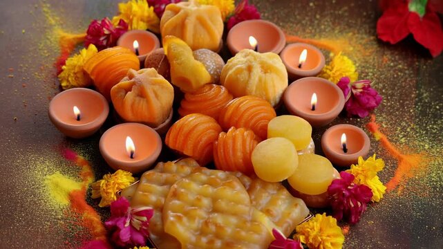 Colorful Sweets And Illuminating Lamps. Vibrant Rangoli With Candles And Festive Traditional Treats