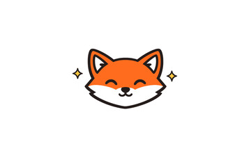 Fototapeta premium A minimalist orange and black fox head illustration featuring a smiling expression and two small yellow stars on a solid black background. This clean vector graphic is modern and cute.