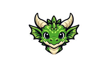 Obraz premium A cute green dragon head with large eyes and horns is centered on a black background. The illustration features a friendly expression and stylized scales in a vector mascot design.
