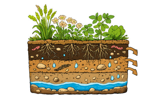An illustration showing a cross-section of soil layers with plants growing on top, featuring roots, worms, rocks, water droplets, and a groundwater aquifer at the bottom.