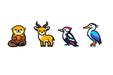 Obraz premium A collection of four stylized animal icons featuring an otter, a gazelle, a woodpecker, and a heron. The illustrations are designed in a flat, colorful vector style on a black background.