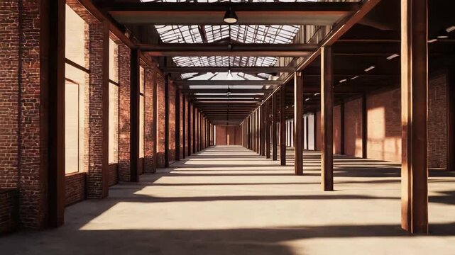 Empty industrial warehouse building featuring structural supports, brick walls, a concrete floor, and natural light casting long shadows across the expansive interior