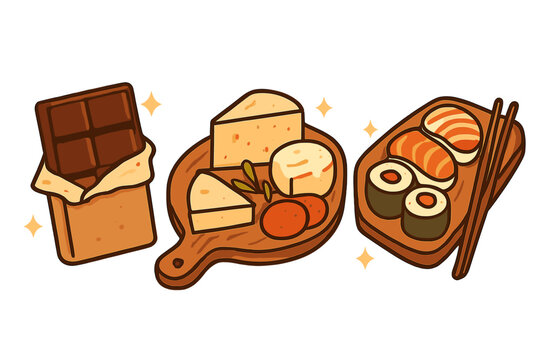 A set of modern food icons featuring a dark chocolate bar, a wooden cheese board with various wedges, and a sushi platter with nigiri and maki rolls on a dark background.