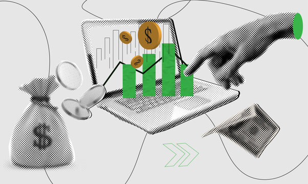 Trendy halftone collage,Digital Finance and Investment Growth Concept with Laptop Chart, Coins, and Business Analysis Elements