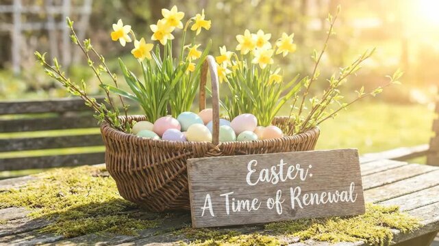 Wicker basket of bright yellow daffodils, pastel easter eggs and pussy willow branches on a mossy wooden table beside a rustic sign reading easter: a time of renewal