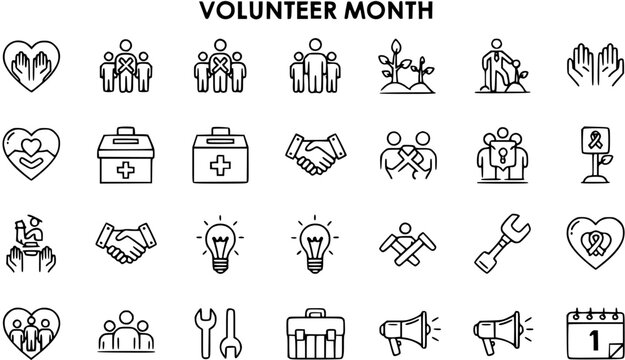 Volunteer Month Outline Icons Set. Community, Charity, Support, and Help Vector Symbols