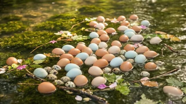 Assorted chicken and quail eggs in natural colors float along a mossy green stream with delicate flowers and leaves, symbolizing spring, new beginnings and calm renewal