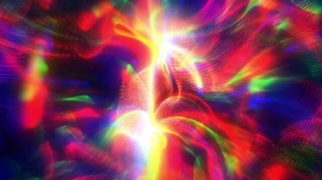 Vibrant multicolor neon light burst with glowing abstract waves and lens flare