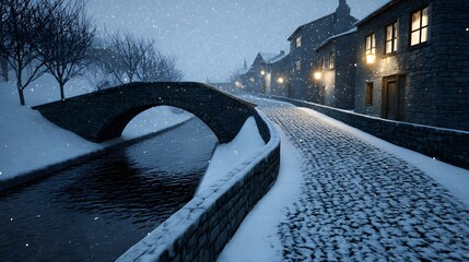 Winter Serenity: A quaint stone bridge gracefully arches over a tranquil canal, while a snow-laden road leads to charming buildings.