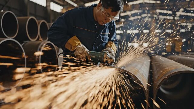 Industrial Worker Grinding Metal Pipes With Sparks Flying Intense Workshop Lighting Focused Effort