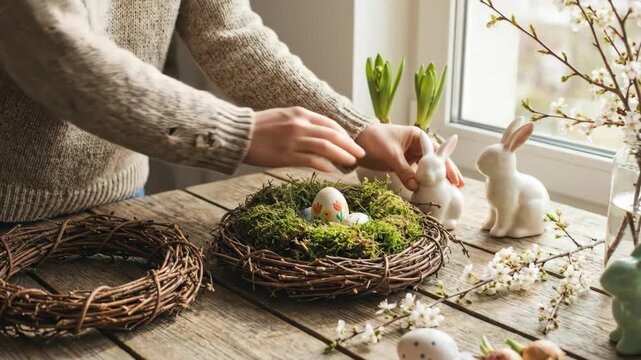 Woman hands carefully arranging a decorated easter egg into a rustic twig nest filled with moss, surrounded by spring flowers and ceramic rabbits on a sunny wooden table
