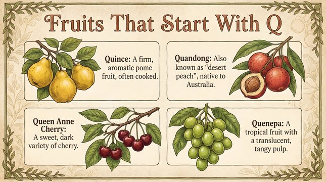 Educational Fruit Infographic Chart Illustrating Quince Quandong Queen Anne Cherry and Quenepa for Botanical Studies, Food Education & Classroom Posters (JPG)
