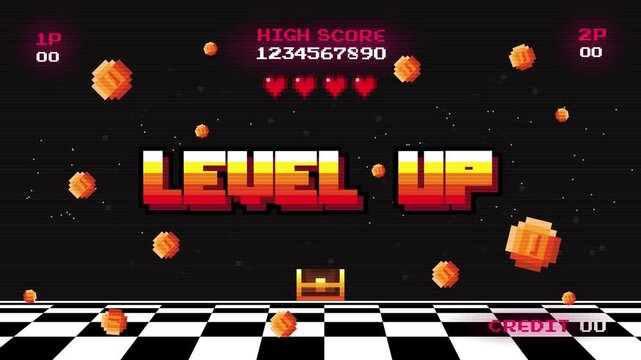 Level up screen. Retro pixel arcade machine 8 bit monitor press start play button vintage console 1980s.