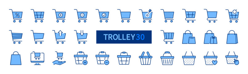 Shopping cart icon set. Trolley, grocery cart blue line icons. Basket sign. E-commerce, closeout, retail, supermarket concept. Vector illustration. Isolated on a white background. Editable stroke. © Nivins McTwisp