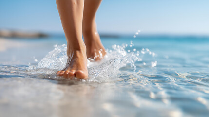 Fototapeta premium Bare feet stepping into shallow clear water, creating ripples splashes, person enjoying cool refreshing liquid, sunny day feeling free aquatic contact, with copy space