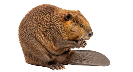 Isolated eating beaver on display demonstrating its long beaver tail and thick fur pelt © Cedric