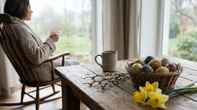 Woman in a cozy robe sipping a hot drink in a rocking chair by a sunlit window, rustic table with basket of naturally dyed easter eggs, pussy willows and daffodils evoking spring traditions