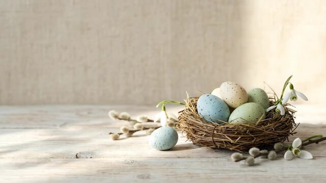 Pastel easter eggs nestle in a rustic bird's nest with pussy willow branches and snowdrops on a weathered wooden table, evoking spring, renewal and cozy country charm