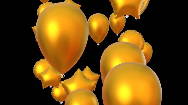3d animation of golden balloons flying upwards, birthday or anniversary celebration concept. Video with alpha channel