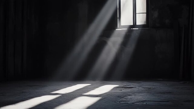 Sunlight streaming through a weathered window illuminates dust motes and casts strong shadows across a textured concrete floor, evoking quiet hope and renewal