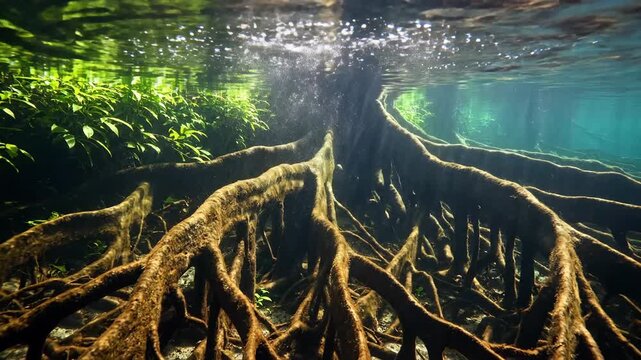 Underwater view of complex mangrove tree roots intertwining in a vibrant, sunlit aquatic ecosystem