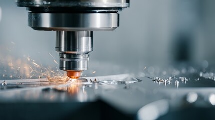 CNC laser cutting machine with sparks. Industrial metal processing in workshop. Precision fabrication technology.