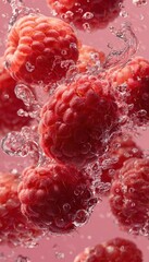 Bright red raspberries descend through clear water, generating numerous lively splashes and sparkling bubbles