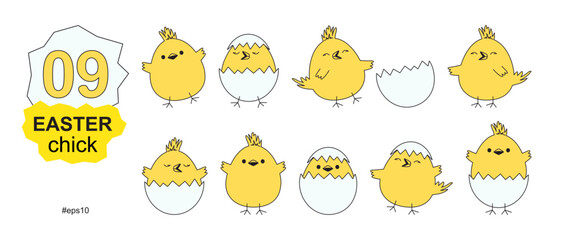 Fototapeta premium Chick Easter Day, cartoon yellow chicken icon. Bird shell hand drawn set. Cute animal doodle, little farm character set isolated on white background. Kids vector illustration