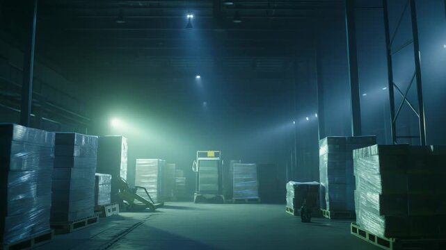 Spooky warehouse interior presenting stacked boxes on pallets under moody atmospheric lighting, emphasizing logistics, storage, and distribution concepts in a mysterious setting