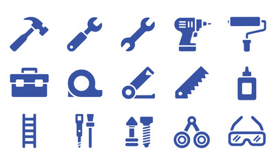 Fototapeta premium Blue Construction Tools Icons Set on White Background