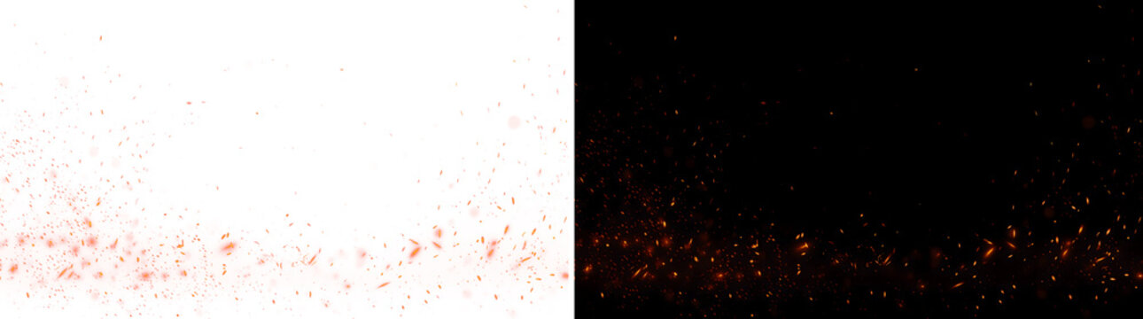 Fire Embers and Spark Shower Overlay, Transparent PNG and Black Background Versions. Suitable for VFX, action, and cinematic scenes.