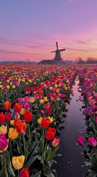 Breathtaking view of a vast blooming tulip field with a traditional Dutch windmill in the background under a vibrant pink and purple sunset sky