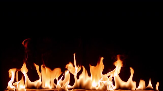 Slow motion flames dancing against a deep black background, creating a dramatic and powerful fire effect. Abstract burning fire with glowing orange and yellow tongues of flame, ideal for backgrounds. 