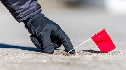 Man in black glove placing a small red flag stake into the ground. Construction worker using flag for locating utility lines or property marking.