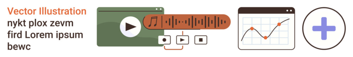 Video content design, audio editing, data analytics, medical dashboards, user interaction, media tools. Multimedia icons include a player, audio controls charts and medical cross. Video content