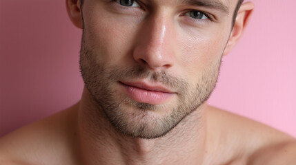 Obraz premium Young man close up portrait with soft natural shadows on skin and gentle expression against pink background