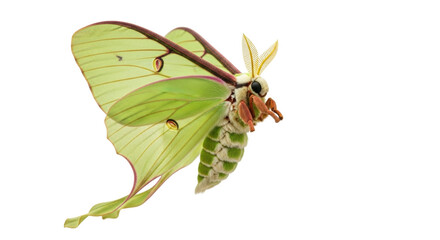 Isolated Lunar Moth in Side View with Green Wings and Feathery Antennae Looks Rightward © Cedric